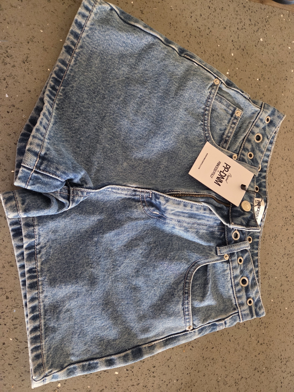 Princess Polly Faded Blue High-Waist Denim Shorts with Grommet Detail